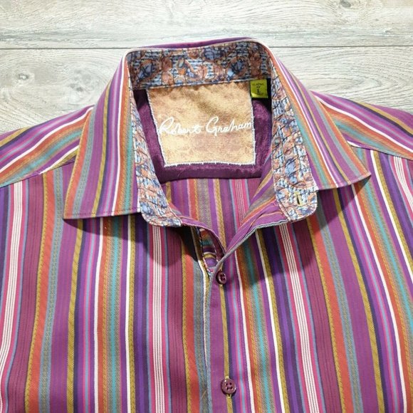 Robert Graham Mens Long Sleeve Shirt Large Designer Flip Cuff Embroidered Purple - Picture 6 of 12
